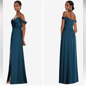 Dessy Collection Off-Shoulder Empire Waist Front Slit Maxi Teal Maxi Dress NWT 0